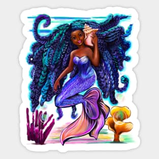 mermaid with flowing braids, sea shell, coral , brown eyes curly Afro hair and caramel brown skin Sticker